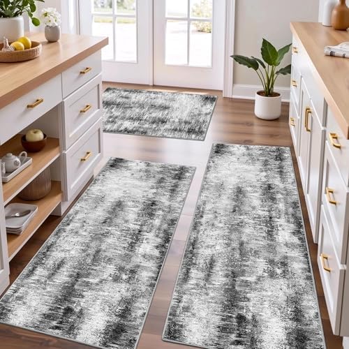 Tritard 100% Non Slip Kitchen Rugs Sets of 3 Washable Kitchen Mats for Floor Abstract Kitchen Runner Rug Soft Floor Mat Set Kitchen Carpet Rugs for Hallway, Laundry, Sink, Entryway, Office, Grey