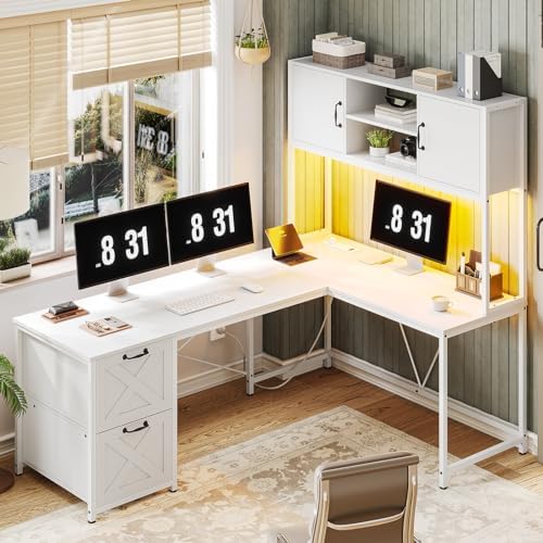 SEDETA White L Shaped Office Desk, Farmhouse Home Office Desk with Fabric File Drawers and Power Outlet, Corner Gaming Desk with LED Lights, Hutch and Storage Shelves