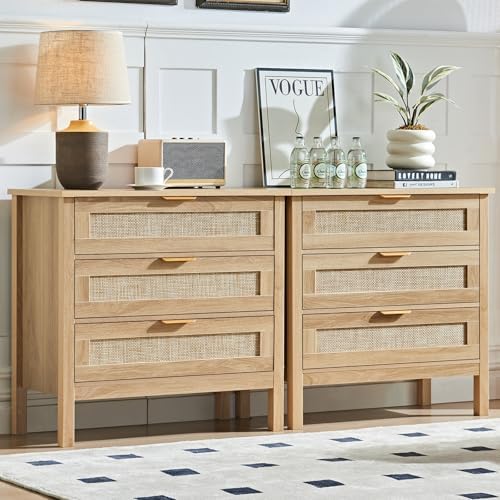 LEYAOYAO 31.5" Wide Rattan Night Stand Set 2, Large Boho 3 Drawer Nightstand, Natural Wood Bed Side End Tables with Storage, Tall Bedside Table,Chest of Drawers Dresser for Bedroom Living Room Hallway