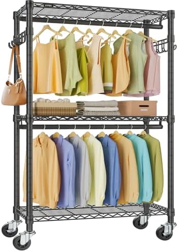 VIPEK R2 Heavy Duty Rolling Garment Rack 3 Tiers Adjustable Clothes Rack with Double Rods & Hooks, Freestanding Wardrobe Closet Storage Rack Metal Clothing Rack for Hanging Clothes, Black