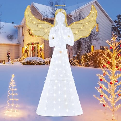 Tangkula 5 FT Lighted Christmas Angel, Light-up Winged Xmas Angel with 150 LED Lights, Zip Ties & Ground Stakes, Pre-Lit 3D Glittered Angel Decoration for Yard, Garden, Lawn & Indoor Display