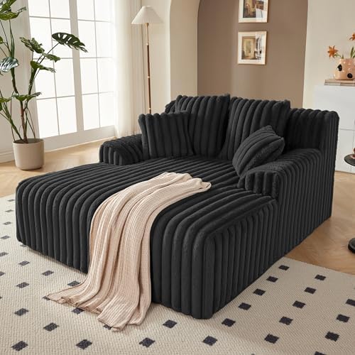 53.5”W Oversized Chaise Lounge Chair Indoor, Boneless Couch with 4 Pillows, Cozy Reading Chairs with Wide Arms, No Assembly Corduroy Boneless Chair, Memory Foam Couch for Living Room, Black