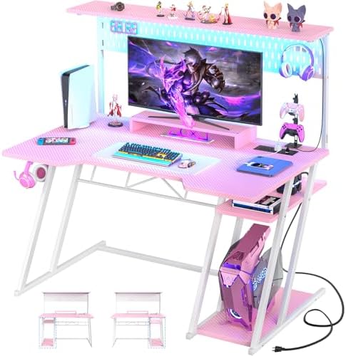 Armocity Gaming Computer Desk with Power Outlets, Gaming Desk with Hutch and LED Lights, Reversible PC Gaming Desk with Pegboard, Carbon Fiber Pink, 47"