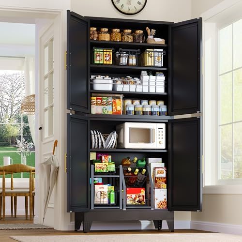 75.2" Tall Metal Pantry Cabinet, Storage Cabinets with 4 Door and 4 Adjustable Shelves, Black Kitchen Pantry Storage Cabinet, Freestanding Cupboard for Kitchen Dining Room Living Room Bathroom