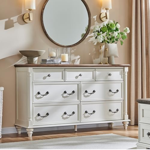 T4TREAM Farmhouse 7 Drawers Dresser Chests for Bedroom with 4 Solid Wood Feet, Tall Wide Wood Country Rustic Chest of Drawers, Storage Dressers for Bedroom, Living Room, Antique White