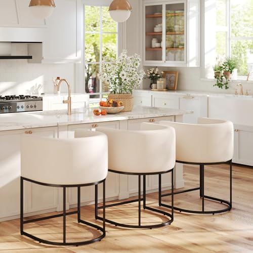 HNY Modern Counter Height Linen Fabric Upholstered Counter Stools Set of 3, 24 Inch Kitchen Island Stool with Black Tubular Frame, Cream