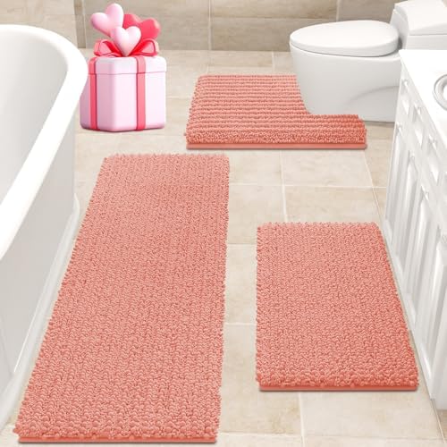 ACCUMTEK Upgrade Extra Large Coral Bathroom Rug Set 3 Pieces Ultra Soft, Thick Absorbent Bath Mats, Non Slip Chenille Toilet Mat for Bathroom, Bedroom, Kitchen