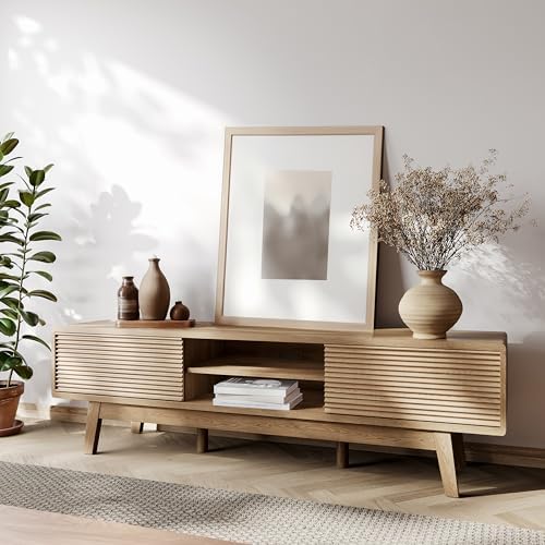 TOLEAD 59" TV Console, Mid Century Modern Media Console for 55/60/65 Inch TV, Low Profile TV Stand with Fluted Sliding Doors, Boho Light Wood Credenza for Living Room, Oak