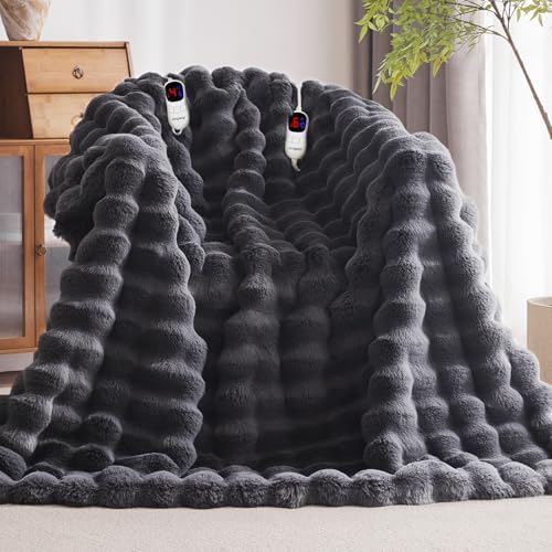 Heated Blanket King Size with 1/2/4/6/8 Hours Auto-Off 10 Heat Level, 90'' * 100'' Cozy Faux Rabbit Fur Bubble Electric Blanket with Overheat Protection(Dark Grey)