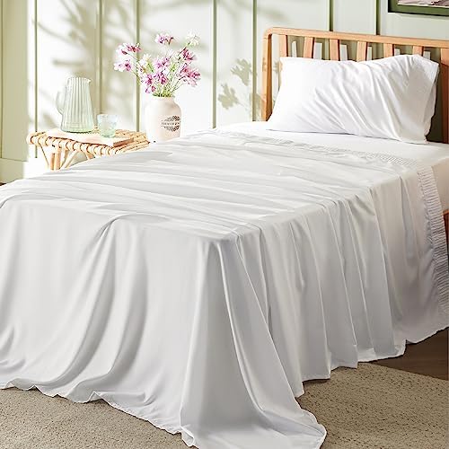 Bedsure Twin Sheets Set - 3 Pieces Soft Twin Bed Sheets - Breathable & Cooling - Hotel Luxury - Easy Care Polyester Microfiber Bedding for Women, Men, Bright White