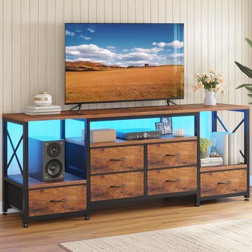 TV Stand for 75 Inch TV, Entertainment Center with LED Light & Power Outlets,63" Industrial TV Console Table with 6 Fabric Drawers & Open Shelves for Living Room, Bedroom, Rustic Brown