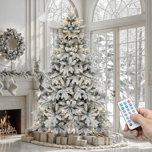 YITAHOME Prelit Snow Flocked Christmas Tree 6 FT with Remote, Artificial Hinged Canaan Fir Christmas Tree with 1225 PE & PVC Mixed Tips, 260 Color-Changeable Lights for Home Office Holiday Decor