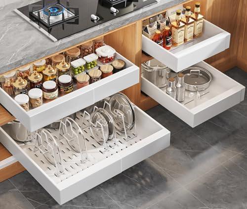 4Pack Expandable Pull Out Cabinet Organizer 21"Deep with Raising Pad for Framed Cabinets,Slide Out Drawers with 4pcs Divider Racks,Roll Out Shelves Adhesive,Adjustable Width 12.05"-20.4"White