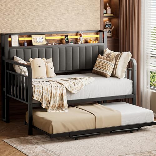 Daybed with Trundle and LED Light, Heavy Duty Metal Twin Bed Frame with Upholstered Storage Headboard & Charging Station, Day Bed Pop Up Trundle Bed Twin for Living Room,Bedroom and Guest Room, Brown