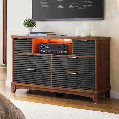 AOGLLATI Black Dresser for Bedroom with Slanted Louvre Design,Retro Chest of Drawers with Charging Station, Wooden Wide Led 6 Drawer Dresser for Bedroom,Living Room, Hallway, Black & Brown