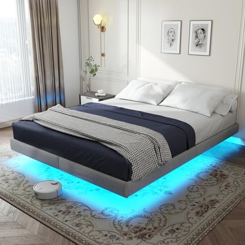 Floating Bed Frame Queen with LED Lights, Metal Platform Queen size Floating Bed Frame with Under Bed Storage, Heavy Duty Steel Slats Support, No Box Spring Needed, Noise Free, Easy Assembly, Grey