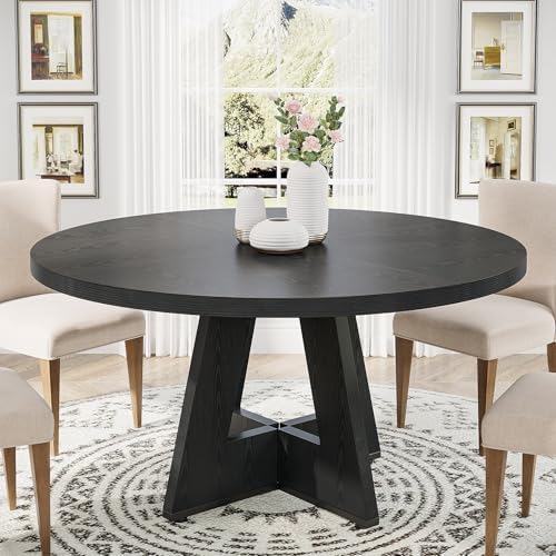 Tribesigns Round Dining Table Wood Kitchen Table for Dining Room, 47 in Dinning Room Tables for 4 Man, Farmhouse Dinner Table with Wooden Tabletop and Cross Base, Black