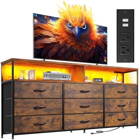 EnHomee 55” W Dresser for Bedroom with Charging Station & LED, 65" TV Stand for Bedroom with 9 Fabric Drawer & Open Shelves for Dorm, Living Room, Rustic Brown, 11.81" D x 55.12" W x 35.43" H