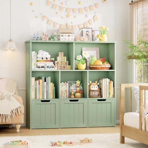 FOTOSOK Toy Storage Organizer with 3 Movable Drawers, Toy Organizer with Hidden Wheels and 5 Open Cubbies, Multifunctional Floor Storage Chest for Playroom, Green