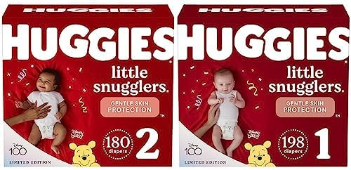 Baby Diapers Size 1, 198 Ct & Diapers Size 2, 180 Ct, Huggies Little Snugglers