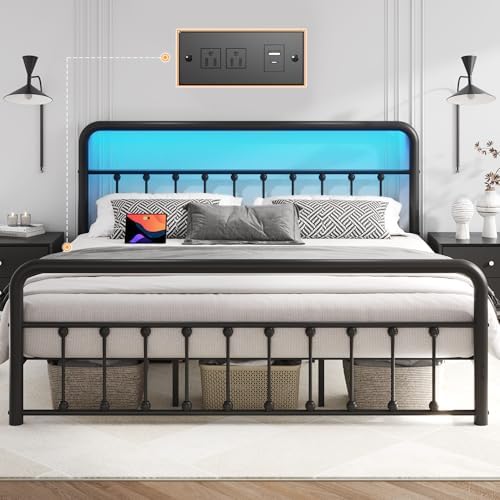 14 Inch King Bed Frame Classic Metal Platform Bed Frame with Charging Station & LED, Victorian Style Iron-Art Headboard/Footboard, Under Bed Storage, No Box Spring Needed, Noise Free
