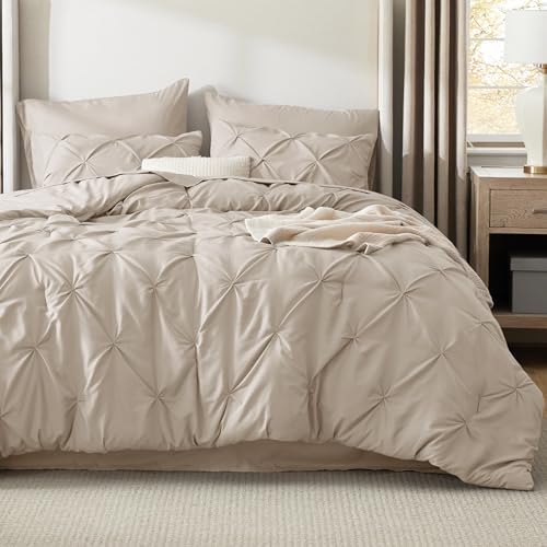 Bedsure King Size Comforter Set Beige - Bed in a Bag King Size 7 Pieces, GentleSoftβ’ Pintuck Bed Set Gift for Family, Pinch Pleat Beige Comforter with Sheets, Pillowcases & Shams