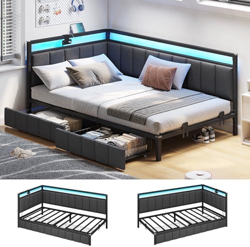 Hasuit Corner Bed Frame with Storage Drawers, Twin Daybed with Line Fabric Upholstered Fence, Kids Bed Unit with LED Light and Charging Station, Modern Bed Frame Twin Size, Gray