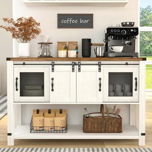 4ever2buy Farmhouse Coffee Bar Cabinet with Storage, 47'' Coffee Bar Table with Sliding Barn Door, White Coffee Buffet Cabinet with Metal Mesh Doors, Console Table with Bottom Open Shelf, Living Room