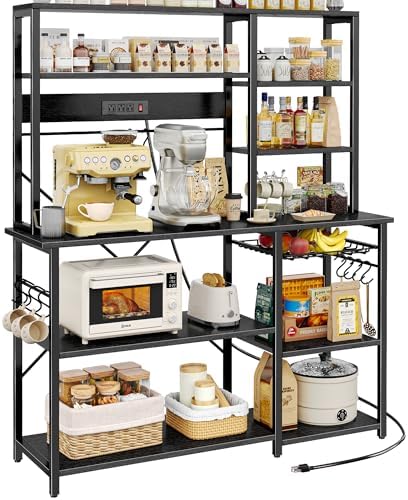 SUPERJARE Larger Bakers Rack with Power Outlets, 6-Tier Microwave Stand, Coffee Bar with 12 S-Shaped Hooks, Kitchen Shelf with Wire Basket, 47.2 x 15.5x 66.9 Inches, Black