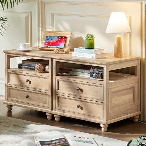 Farmhouse Nightstand Set of 2 with Charging Station, 24" Wide End Table with 2 Drawers,Natural Dresser for Bedroom,Bed Side Table Chest of Drawers Cabinet, Night Stand for Living Room