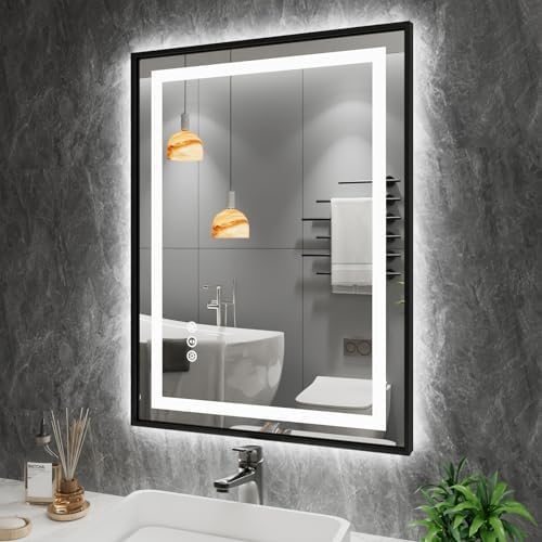 Amorho 24"x 32" LED Bathroom Mirror with Black Frame, Front Light and Backlit, Stepless Dimmable, Anti-Fog, Shatter-Proof, Memory, 3 Colors, Double LED Vanity Mirror