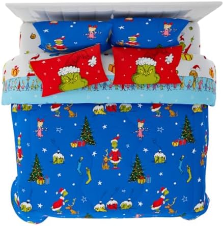 Franco Grinch by Dr. Seuss Holiday & Christmas Bedding Super Soft Comforter and Sheet Set with Sham, 7 Piece King Size (Official Dr. Seuss Product)