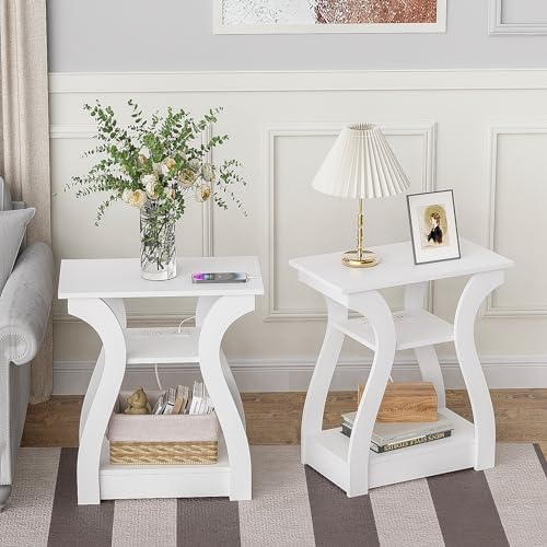 End Tables Living Room Set of 2,End White Table with Charging Station, Side Table, Nightstand for Bedroom, 3 Tier End Table with Storage Shelf for Living Room White