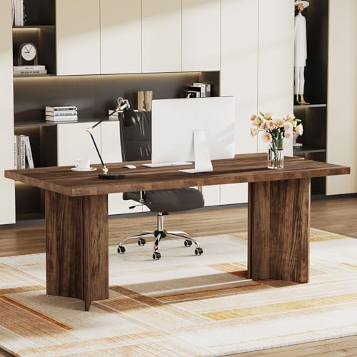 Tribesigns 63-inch Executive Desk, Vintage Office Computer Desk with Large Tabletop, Farmhouse Wood Writing Conference Table Workstation for Home Office, Study, Dark Brown