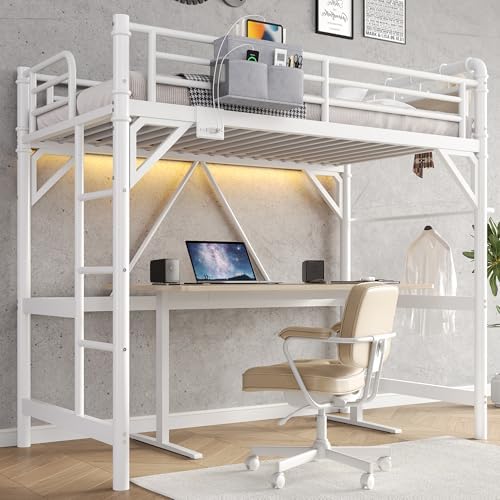 Twin Size Loft Bed with LED Lights and Charging Station, Industrial Heavy Duty Metal Loft Bed Frame with Ladder and Guardrail for Kids Adults, Small Space Saving Design for Bedroom Dorm, White