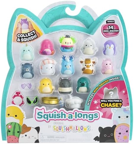 Squish-a-longs by Squishmallows 14 Pack - Series 1, Wave 2 - (14) 1” Mini-Squish with (4) Accessories, (1) Ring Attachment, and (1) Collector’s Guide - Collect, Trade, & Play