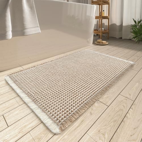 AMOAMI Upgraded Waffle Bath Mat, Super Absorbent Non Slip Bath Mats for Bathroom Floor, Machine Washable Bathroom Rugs with Tassels, Rubber Backed Bathroom Mats, Ultra Soft, 18" x 30",Brown & Cream
