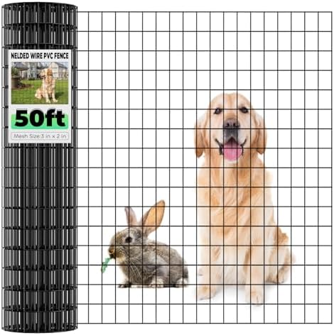 Garden Fence Black PVC Coated Welded Wire Fencing 48 Inch x 50 Foot, 2 Inch x 3 Inch 16GA, Garden Border Fencing Roll Vinyl Coating Metal Wire Mesh for Yard Vegetable Plant Protection Poultry Netting