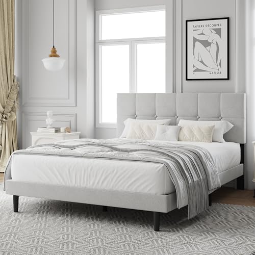 Queen Size Bed Frame, Queen Size Platform Bed Frame with Headboard, Fabric Upholstered Headboard, Sturdy Wood Slats, No Noiseless, No Springs Required, Easy to Assemble, Gray