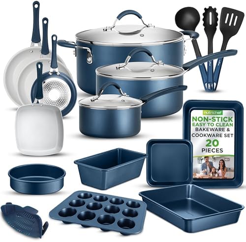NutriChef Professional 20 Pc Kitchen Set in Navy Blue - Durable Non-Stick Pots and Pans with Bakeware, Compatible with Any Cooktop, Easy Clean