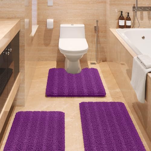ACCUMTEK Striped Purple Bathroom Rug Set 3 Pieces Ultra Soft, Non Slip Chenille Toilet Mat, Absorbent Plush Shaggy Bath Mats for Bathroom, Bedroom, Kitchen