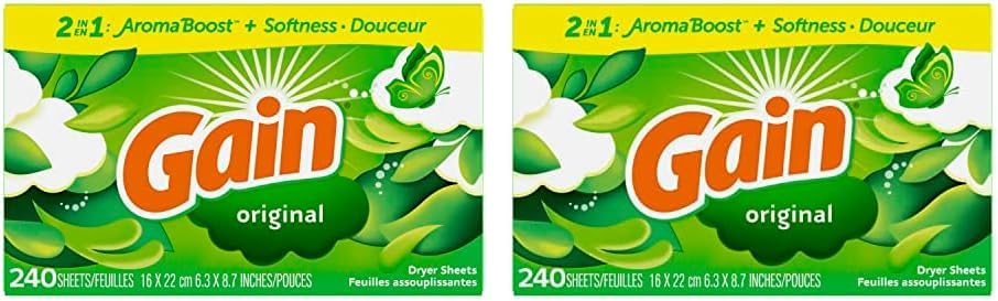Gain Dryer Sheets Laundry Fabric Softener, Original Scent, 240 Count (Pack of 2)