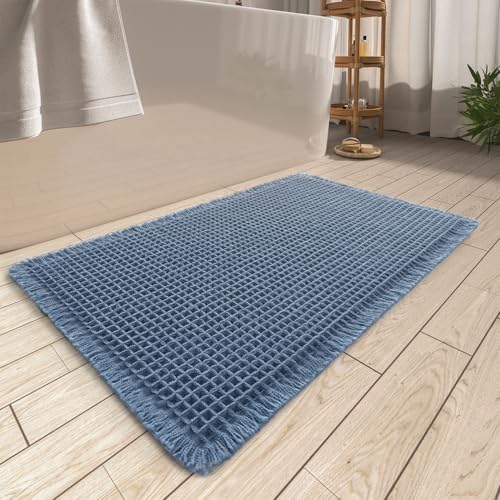 AMOAMI Upgraded Waffle Bath Mat, Super Absorbent Non Slip Bath Mats for Bathroom Floor, Machine Washable Bathroom Rugs with Tassels, Rubber Backed Bathroom Mats, Ultra Soft, 17" x 24", Blue