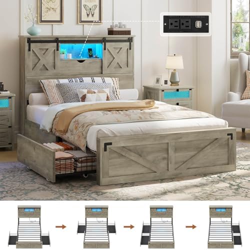 Hasuit Farmhouse Bed Frame Twin Size with 2 Storage Drawers, Wooden Platform Twin Bed with LED Lights and Charging Station, Rustic Accent Headboard with Sliding Barn Door Storage Cabinets