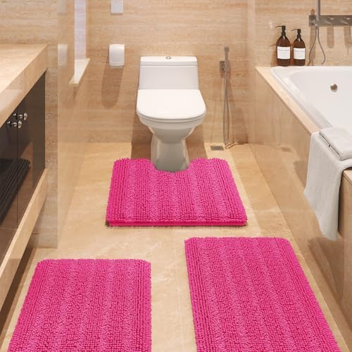 ACCUMTEK Striped Hot Pink Bathroom Rug Set 3 Pieces Ultra Soft, Non Slip Chenille Toilet Mat, Absorbent Plush Shaggy Bath Mats for Bathroom, Bedroom, Kitchen, Peach