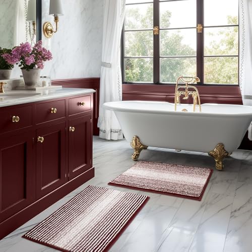 Bathroom Rugs and Mats Sets, 2 Piece Thick Absorbent Chenille Bath Mat Rug Set Non Slip, Soft Shaggy Bath Room Floor Mats for Bathroom, Machine Washable (Burgundy Red, 20" x 32" Plus 16" x 24")
