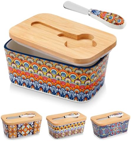 vancasso SIMI Butter Dish with Lid, 6.5" Large Butter Dish for Countertop, Bohemian Ceramic Butter Keeper Container with Knife and Bamboo Lid, Butter Holder for Counter, Regal Bloom