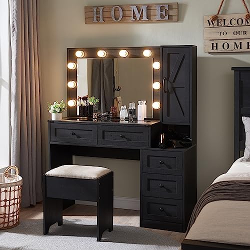 JXQTLINGMU Farmhouse Vanity Makeup Desk with Charging Station, 43" W Vanity Desk with Lights Mirror and Drawers for Makeup, Big Modern Makeup Table Set with Stool for Bedroom, Black