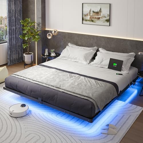 King Size Floating Bed Frame with Smart LED Lights and USB Charging Station, Modern Sturdy Metal Platform, Noise Free, No Box Spring Needed Easy Assembly