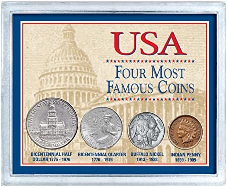 American Coin Treasures USA Four Most Famous Coins, Genuine Coin Set, Buffalo Nickel, Indian Head Cent, Bicentennial Half Dollar and Quarter, Certificate of Authenticity